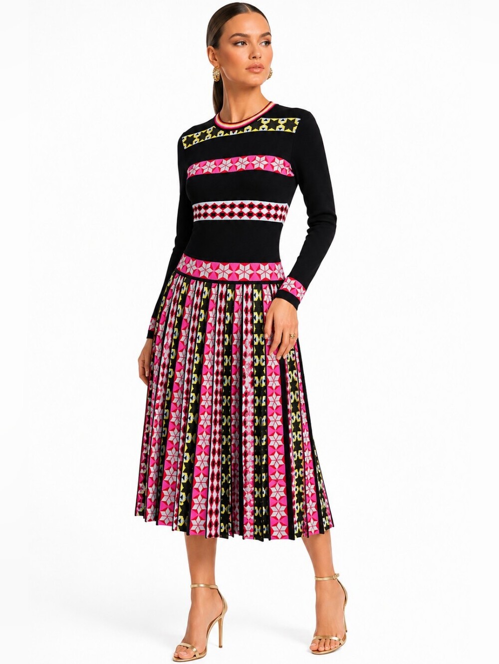 Emilio Pucci Knit Fit & Flare Pleated Midi Dress Geometric Print Size S